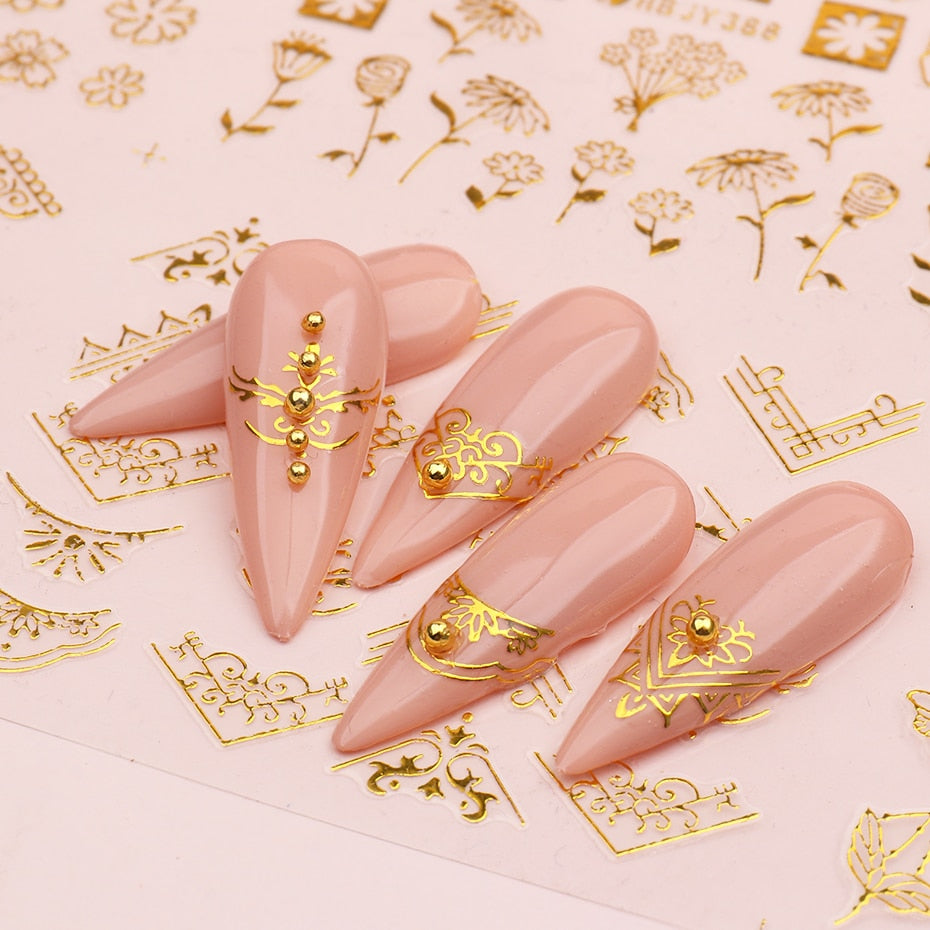 12pcs Nail Stickers Gold Flower Leaf Lace Design Geometry Line Nail Art Sliders Manicure Polish Decal Wrap