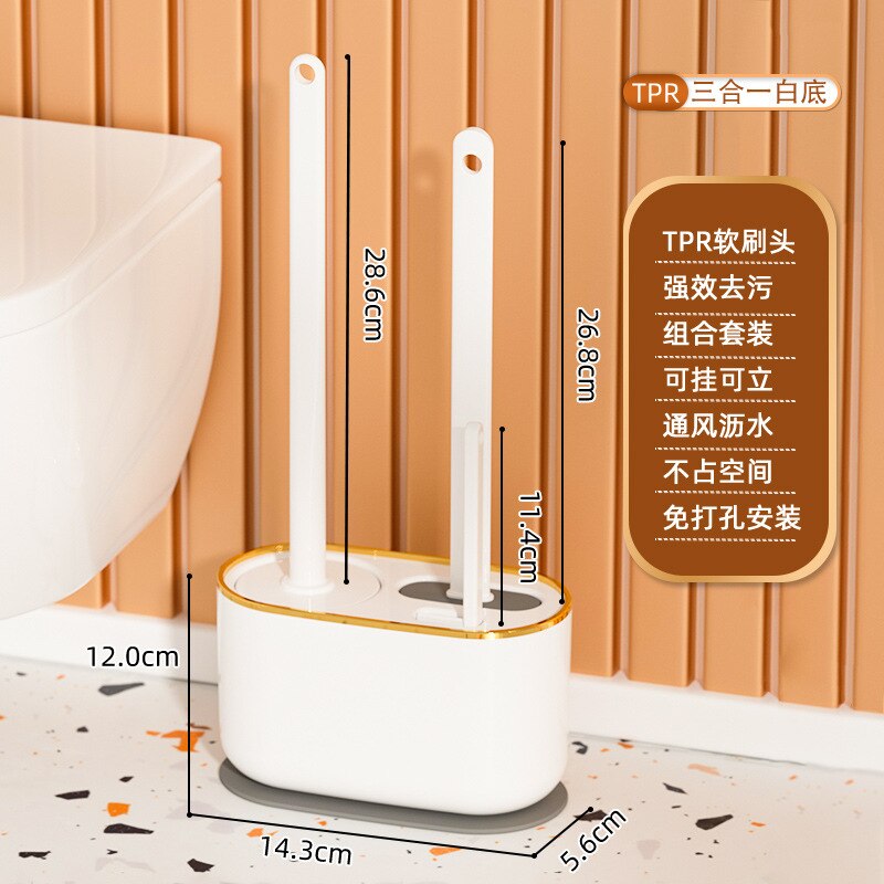 3-piece Set Silicone Toilet Brush and Holder Cleaning Tools Wall Mounted White