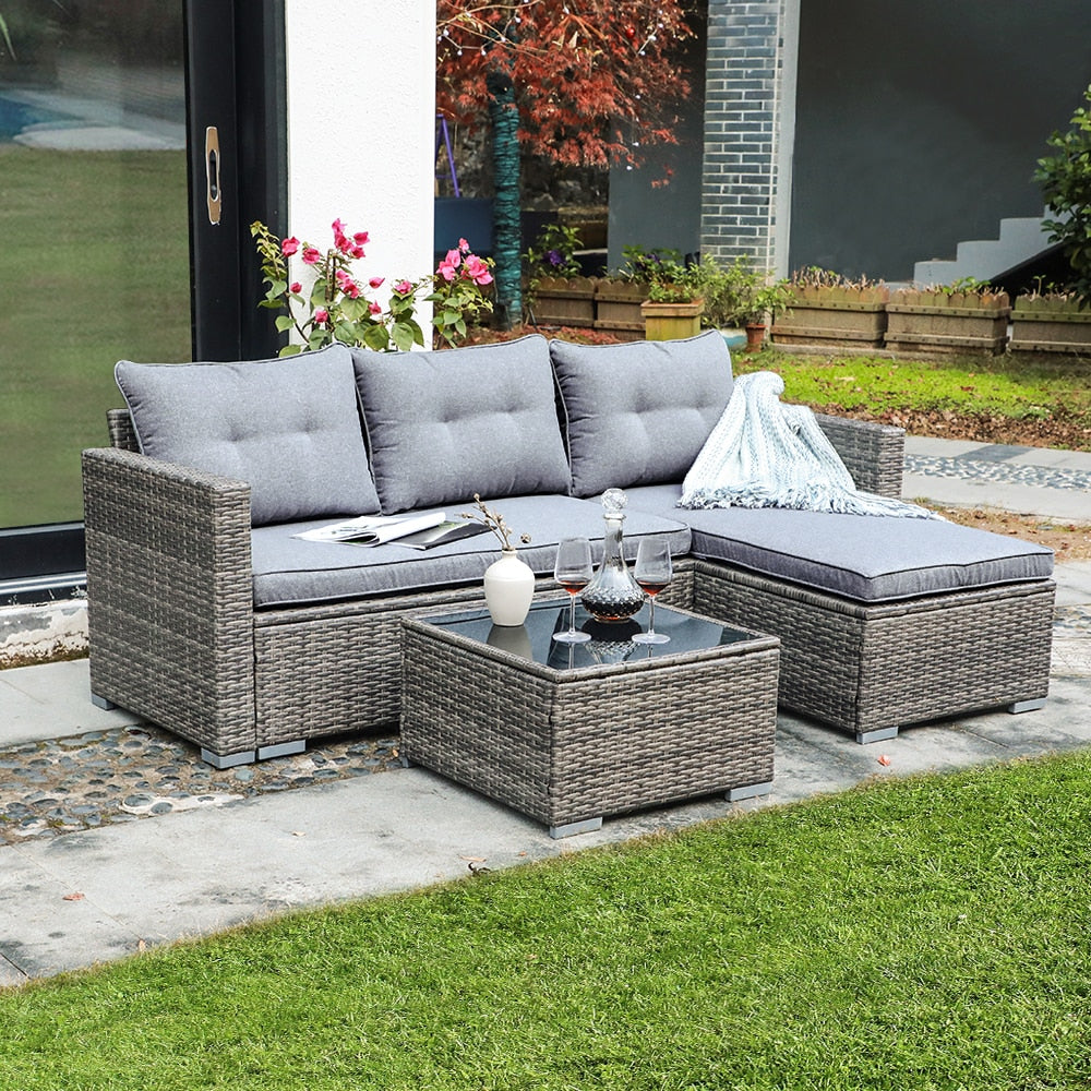 JARDINA 3PCS Outdoor Patio Furniture Sofa Set All-Weather Wicker Rattan with Cushions Tempered Glass Coffee Table