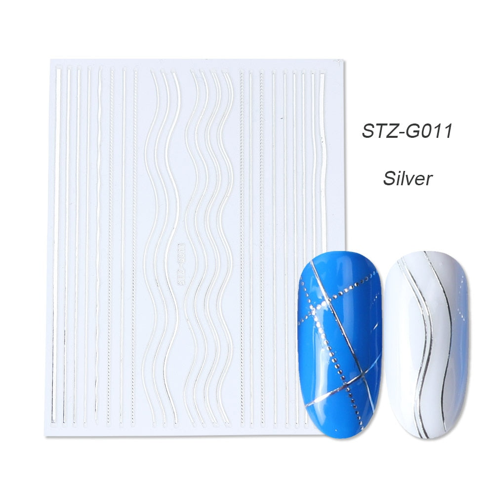 3D Simple Lines Nail Stickers Rose Gold Metal Stripe Letters Decals Curve Gel Nails Art Sliders Polish