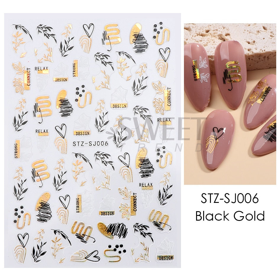 3D Simple Lines Nail Stickers Rose Gold Metal Stripe Letters Decals Curve Gel Nails Art Sliders Polish