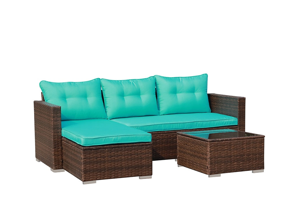 JARDINA 3PCS Outdoor Patio Furniture Sofa Set All-Weather Wicker Rattan with Cushions Tempered Glass Coffee Table