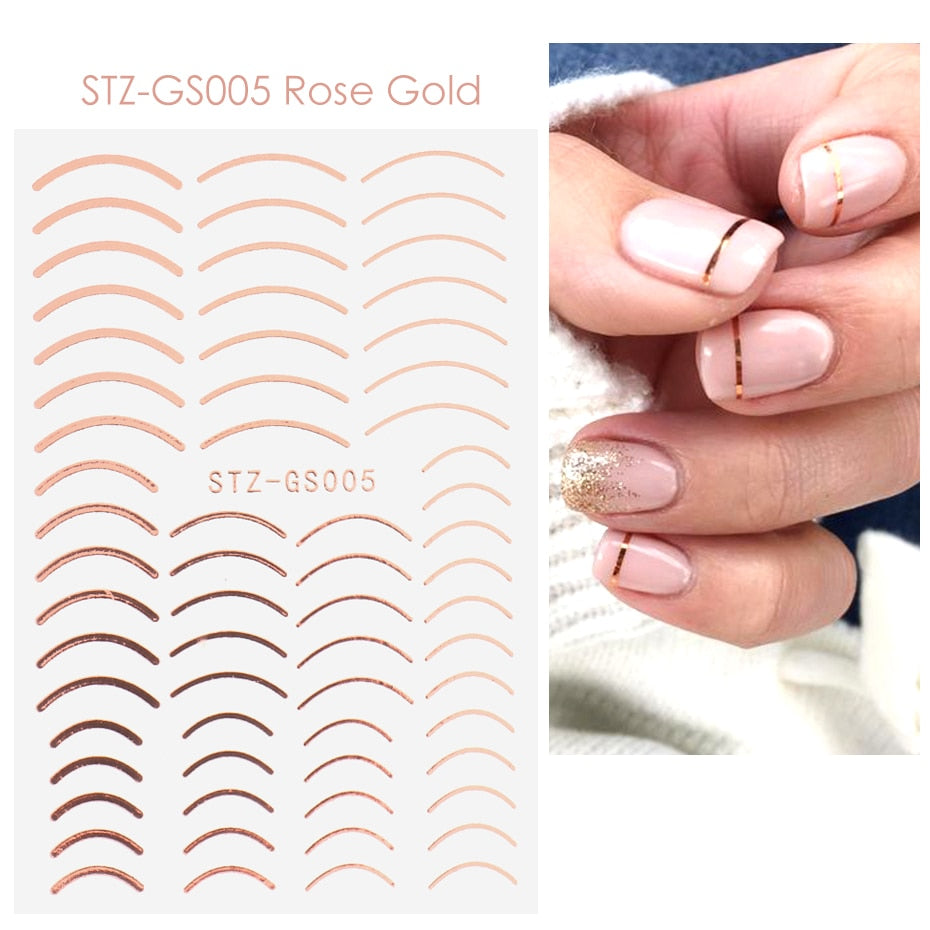 3D Simple Lines Nail Stickers Rose Gold Metal Stripe Letters Decals Curve Gel Nails Art Sliders Polish