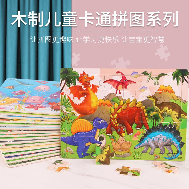 Wooden 30pcs Puzzles Children Animal Dinosaur Cartoon Plane Puzzle Baby Early Education