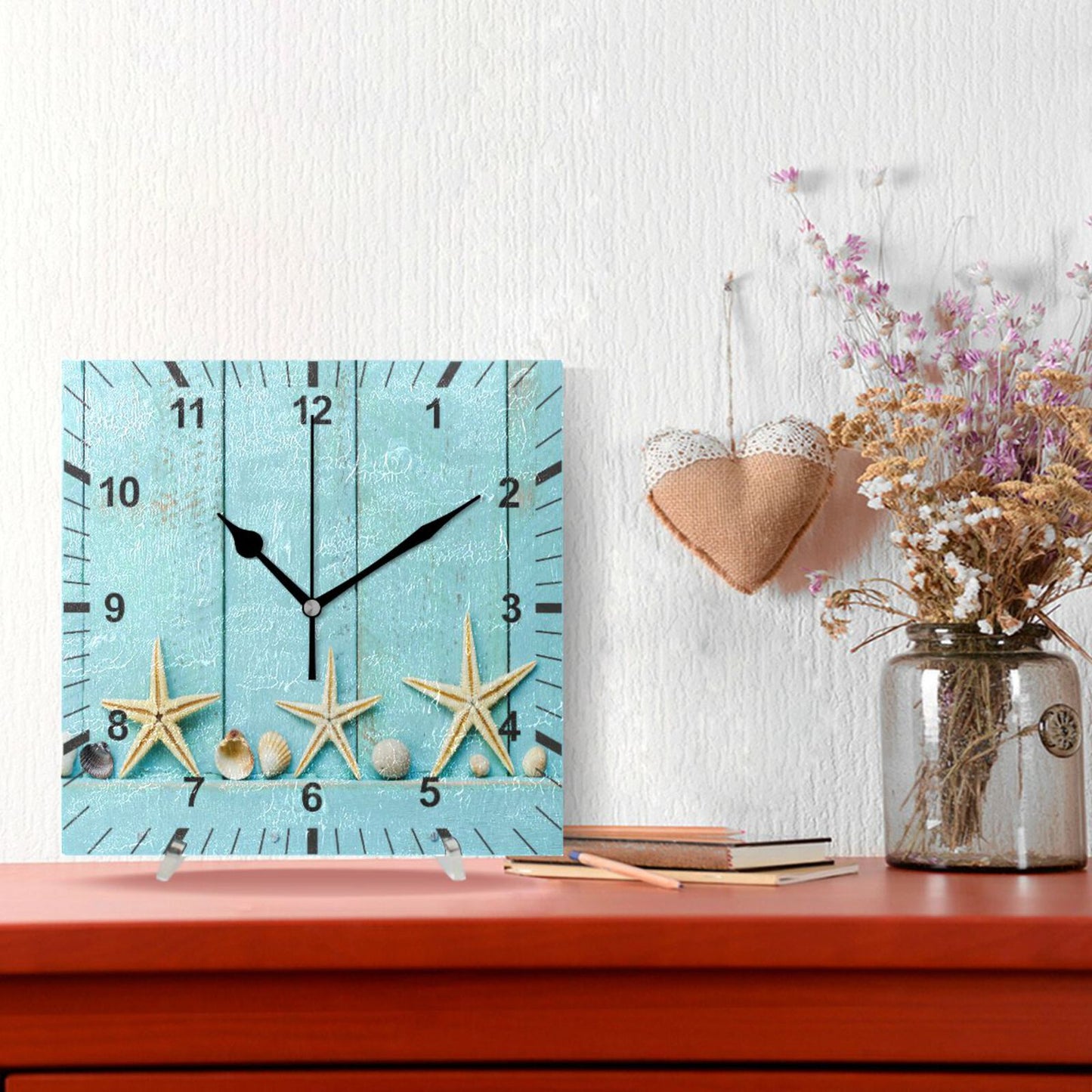 Beach Starfish Shell Print Silent Wall Clock Square Hanging