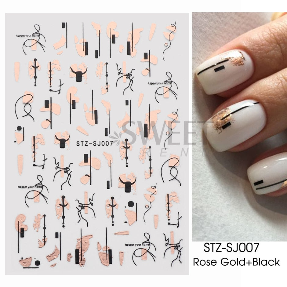 3D Simple Lines Nail Stickers Rose Gold Metal Stripe Letters Decals Curve Gel Nails Art Sliders Polish