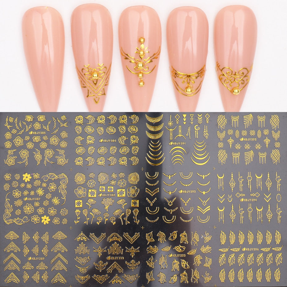 12pcs Nail Stickers Gold Flower Leaf Lace Design Geometry Line Nail Art Sliders Manicure Polish Decal Wrap