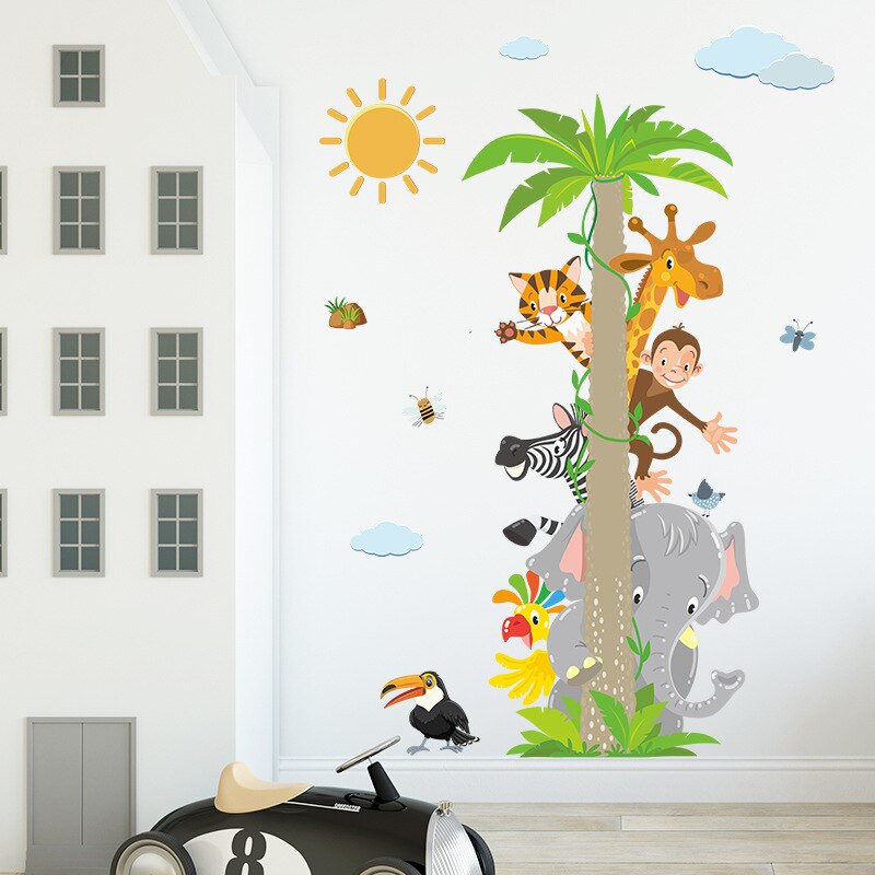 Animals Coconut Tree Wall Sticker Kids Room Home Decoration Mural  Removable Cartoon Stickers