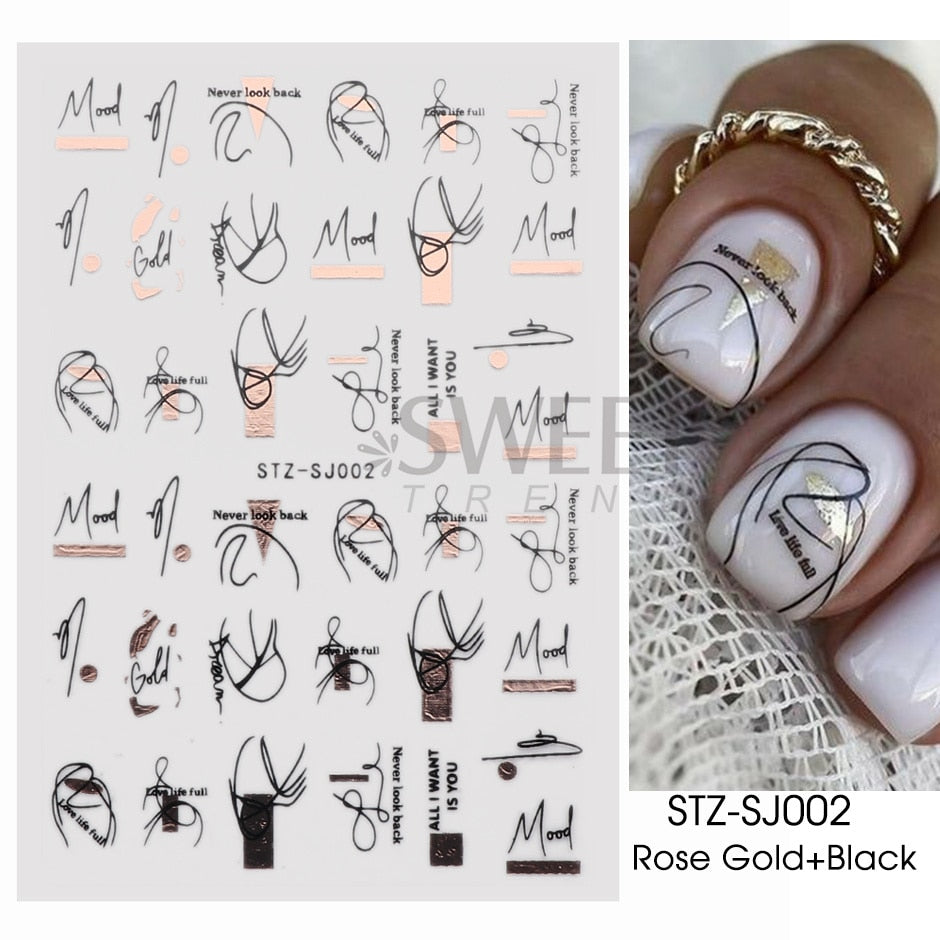 3D Simple Lines Nail Stickers Rose Gold Metal Stripe Letters Decals Curve Gel Nails Art Sliders Polish