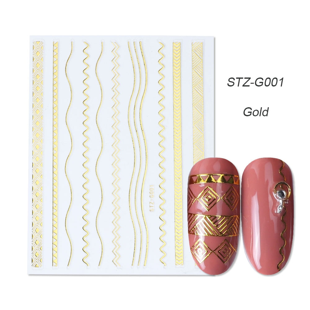 3D Simple Lines Nail Stickers Rose Gold Metal Stripe Letters Decals Curve Gel Nails Art Sliders Polish