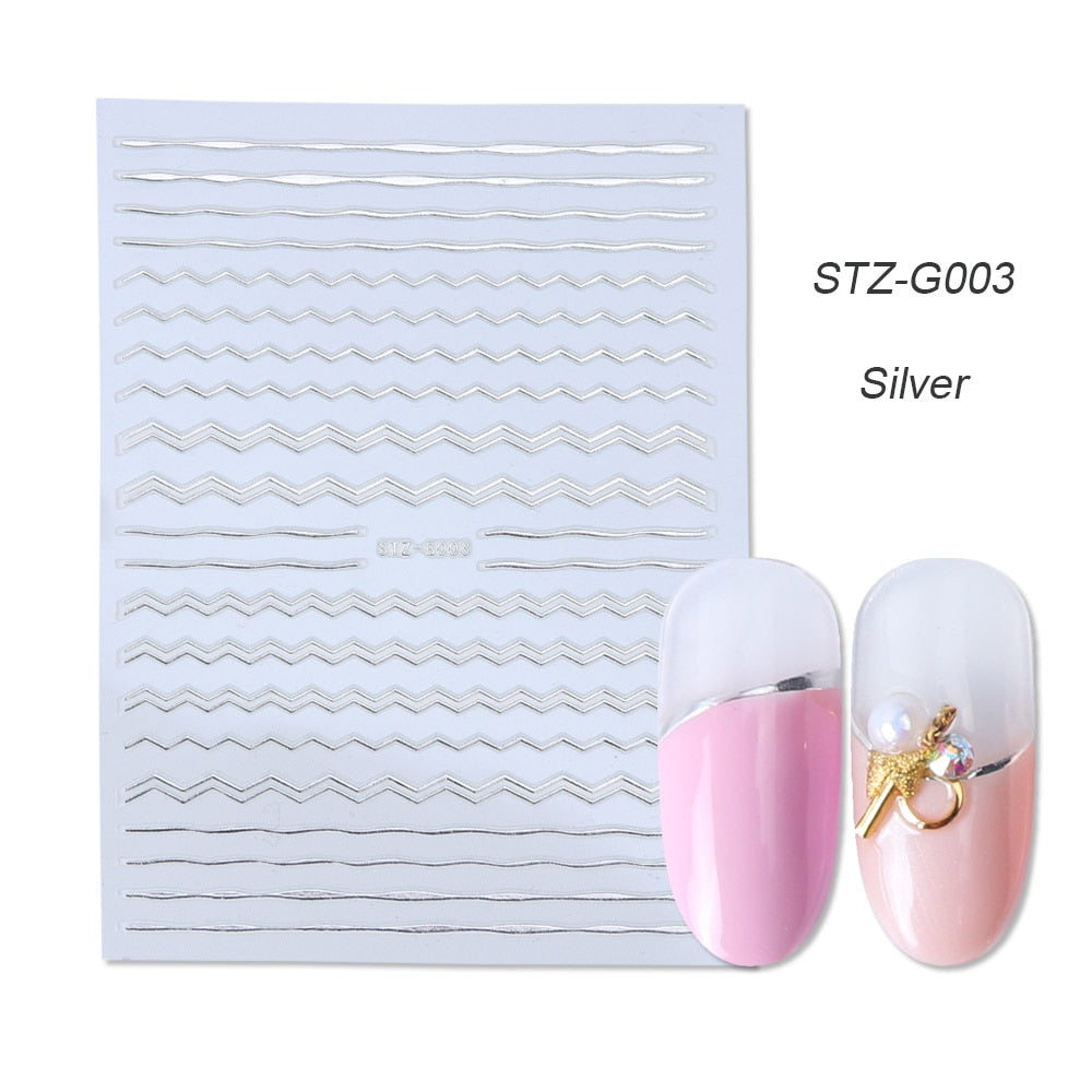 3D Simple Lines Nail Stickers Rose Gold Metal Stripe Letters Decals Curve Gel Nails Art Sliders Polish