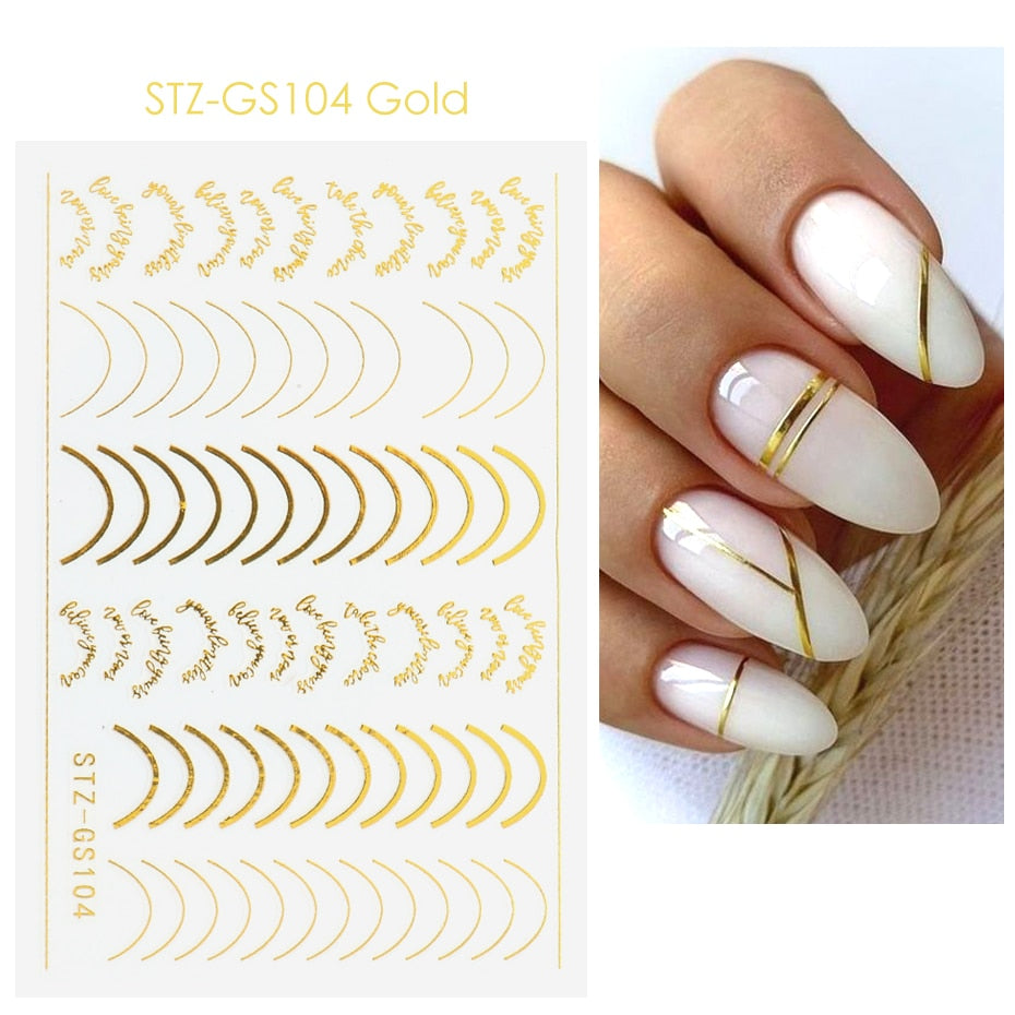 3D Simple Lines Nail Stickers Rose Gold Metal Stripe Letters Decals Curve Gel Nails Art Sliders Polish