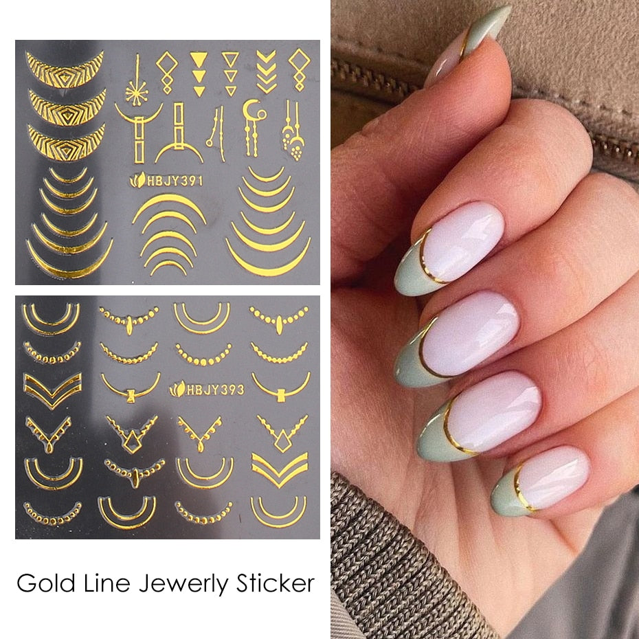 12pcs Nail Stickers Gold Flower Leaf Lace Design Geometry Line Nail Art Sliders Manicure Polish Decal Wrap