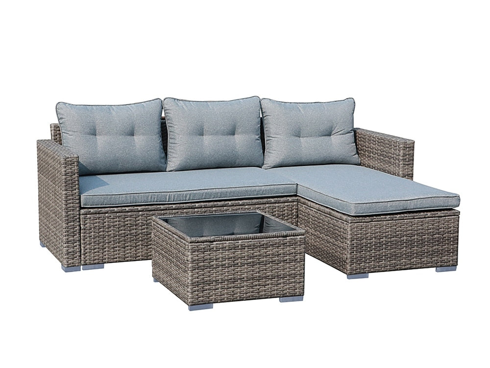 JARDINA 3PCS Outdoor Patio Furniture Sofa Set All-Weather Wicker Rattan with Cushions Tempered Glass Coffee Table