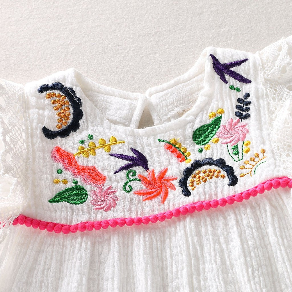 Infant Baby Girls Cotton Linen Dresses Pleated Short Sleeve Delicate Embroidery Swing White Dress