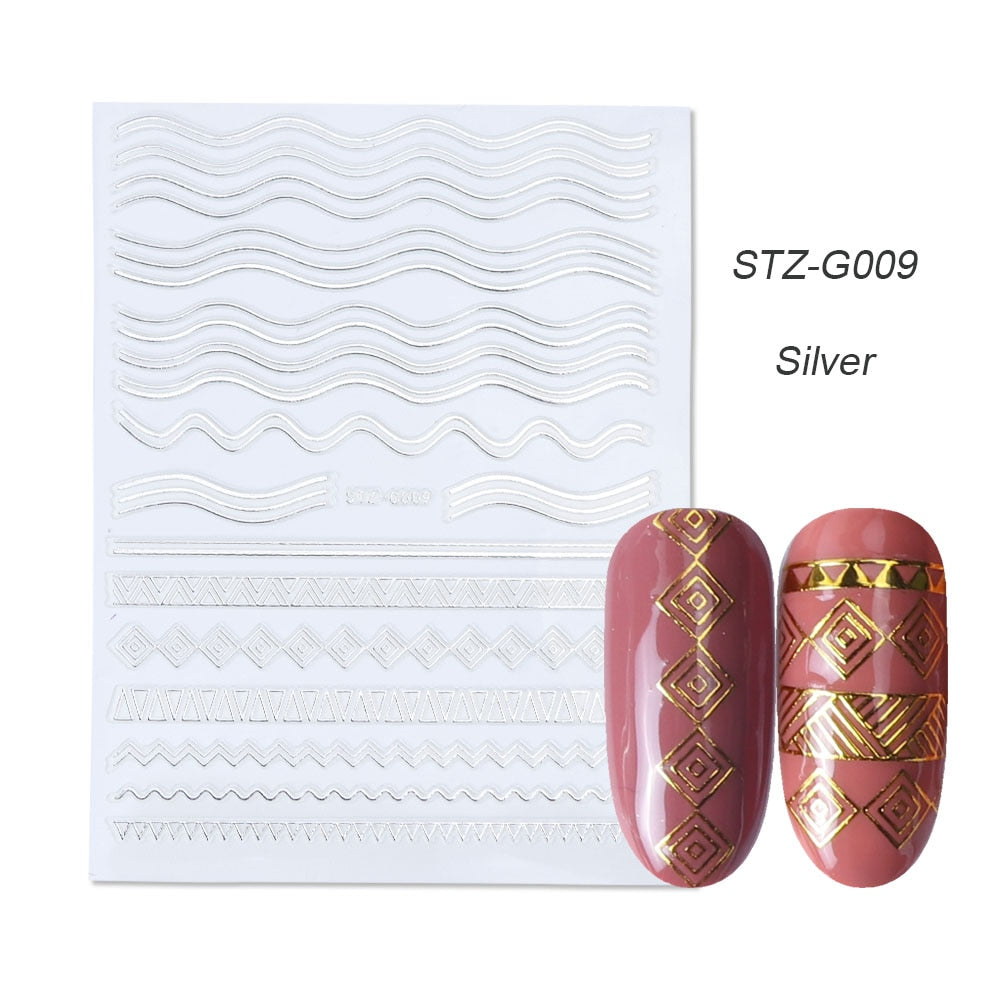 3D Simple Lines Nail Stickers Rose Gold Metal Stripe Letters Decals Curve Gel Nails Art Sliders Polish