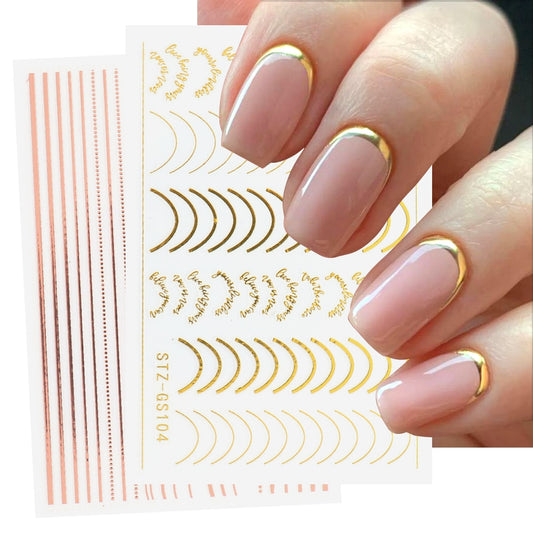 3D Simple Lines Nail Stickers Rose Gold Metal Stripe Letters Decals Curve Gel Nails Art Sliders Polish