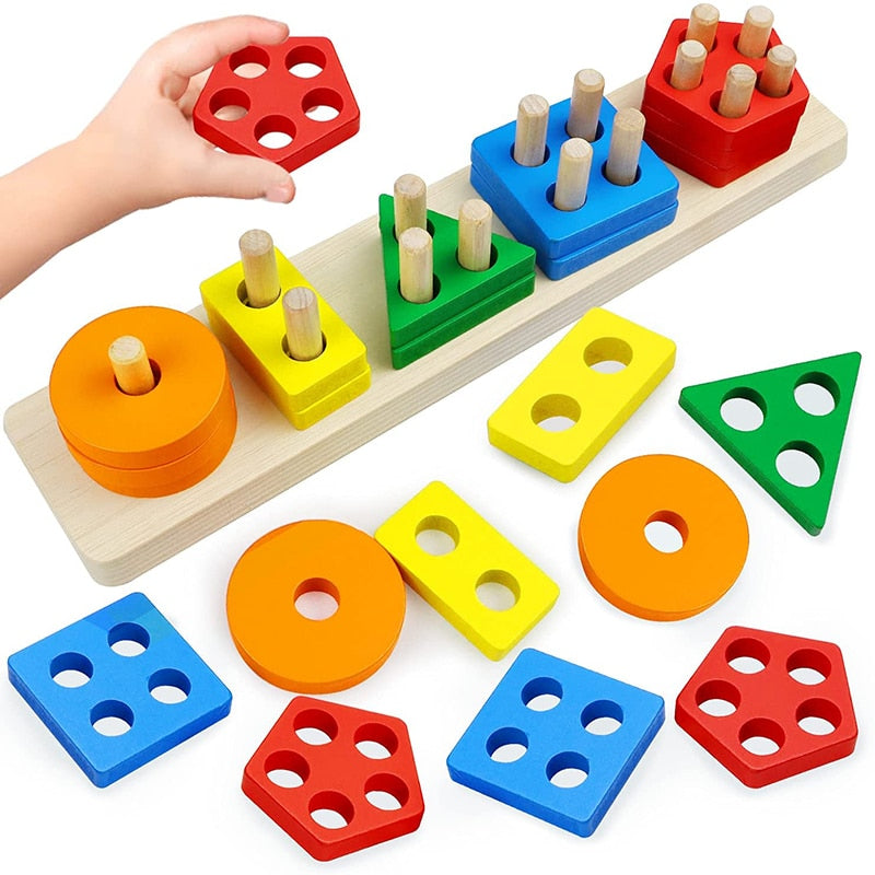 Four-post Geometric Modeling Building Blocks Teaching Aids Children&#39;s Wooden Toys