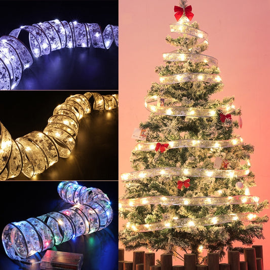 2023 New Year Christmas Decoration LED Ribbon Lights Christmas Tree Ornaments Home Decors DIY Lace Bows String Lights