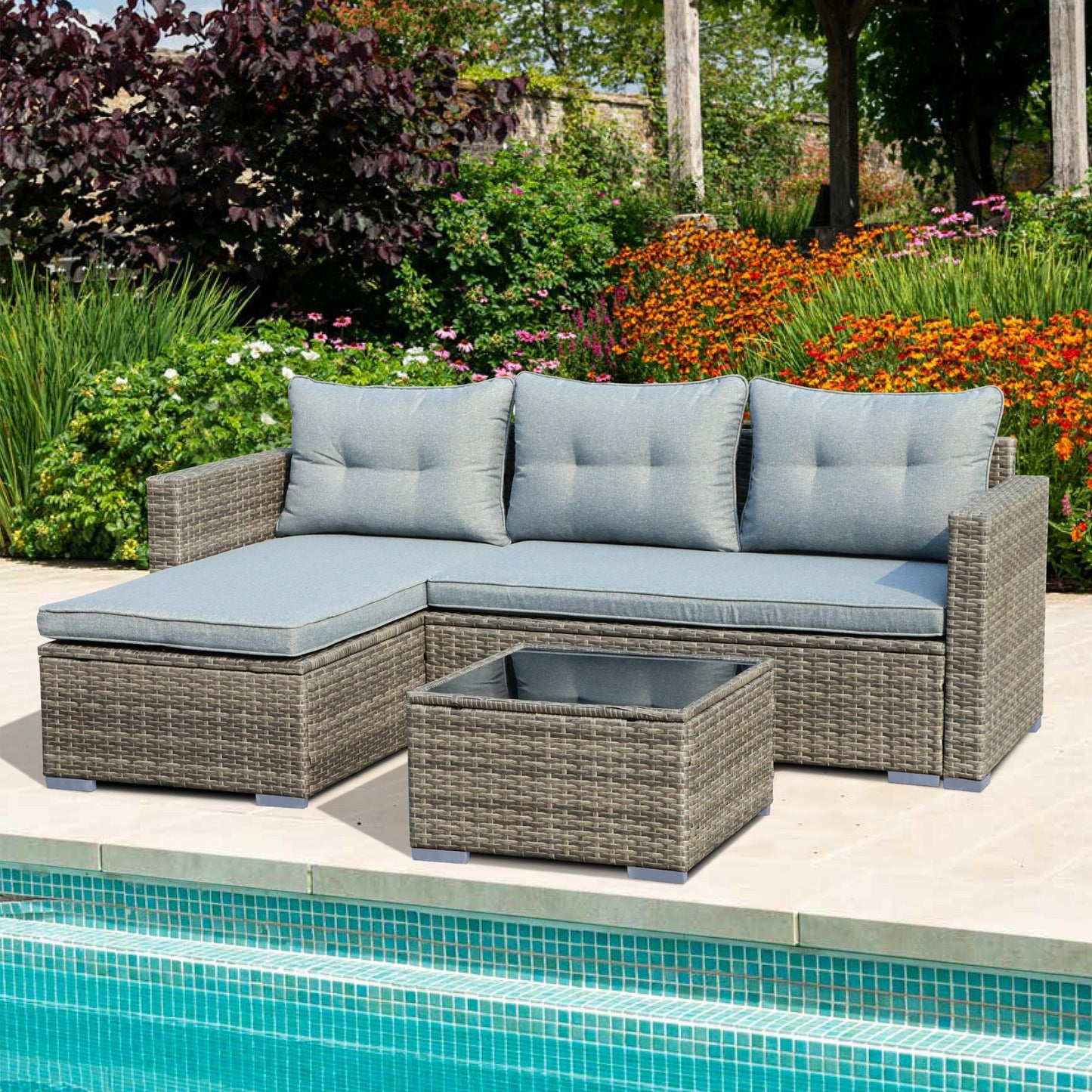 JARDINA 3PCS Outdoor Patio Furniture Sofa Set All-Weather Wicker Rattan with Cushions Tempered Glass Coffee Table