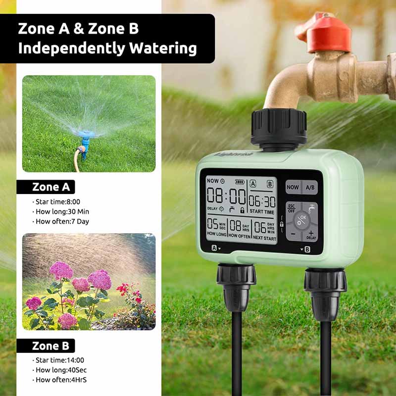 Large Screen Display Irrigation Controller Outdoor 2 Zone Programmable Garden Water Timer Automatic Irrigation System Controller