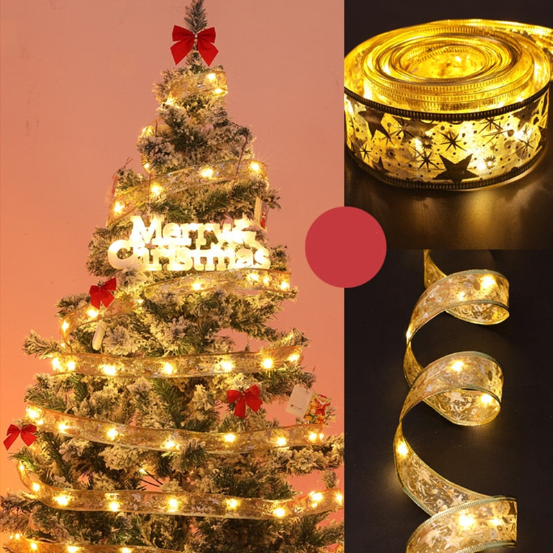 2023 New Year Christmas Decoration LED Ribbon Lights Christmas Tree Ornaments Home Decors DIY Lace Bows String Lights