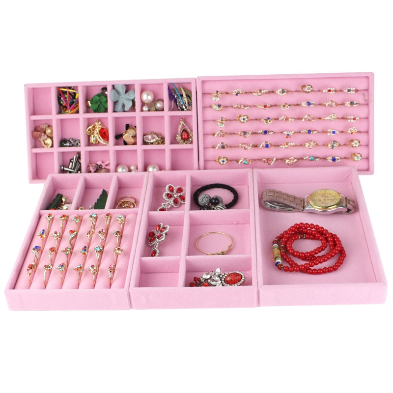 Soft Velvet Stackable Jewelry Display Storage Box Organizer Jeweler Ring Earrings Necklace Tray Portable Showcase Holder Fashion