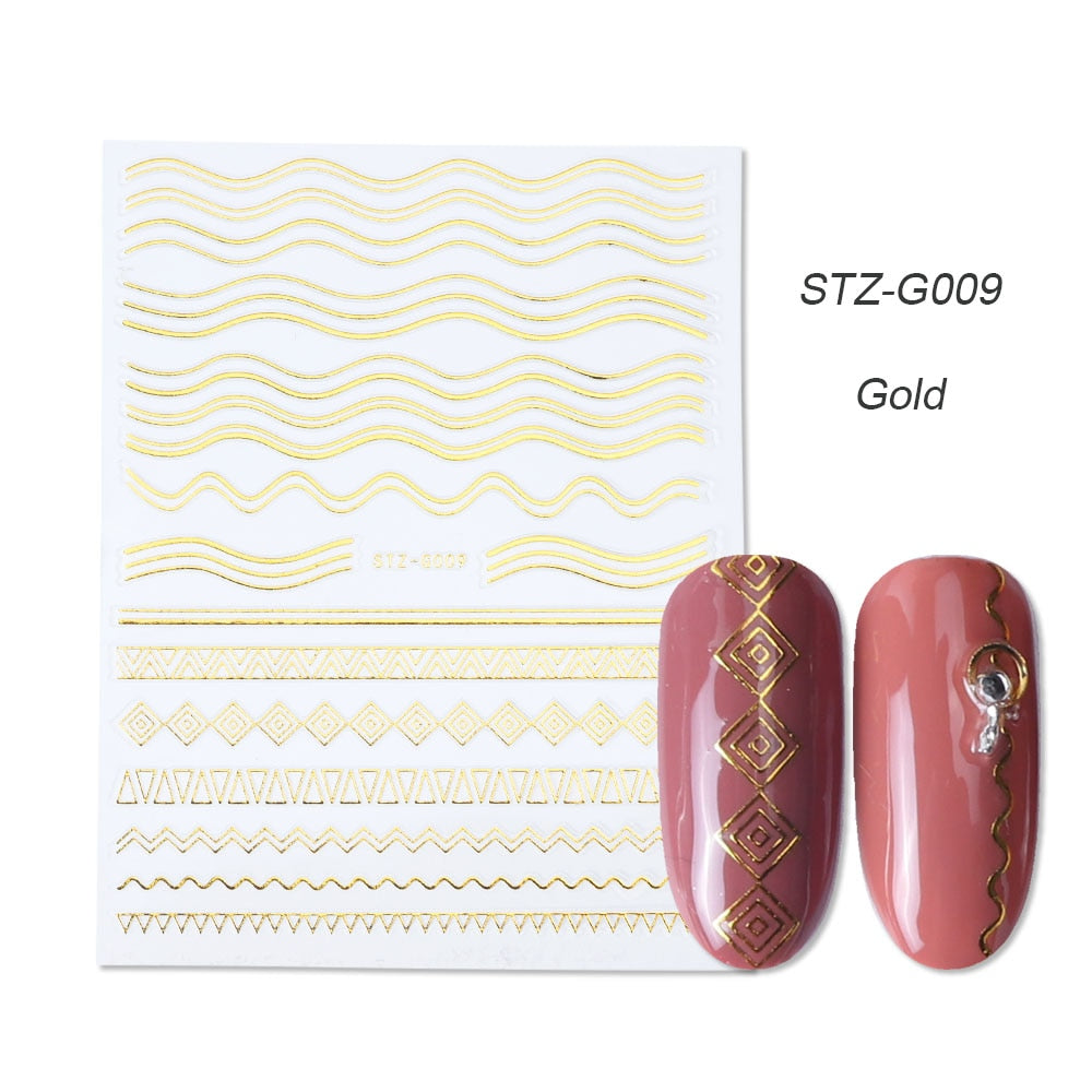 3D Simple Lines Nail Stickers Rose Gold Metal Stripe Letters Decals Curve Gel Nails Art Sliders Polish