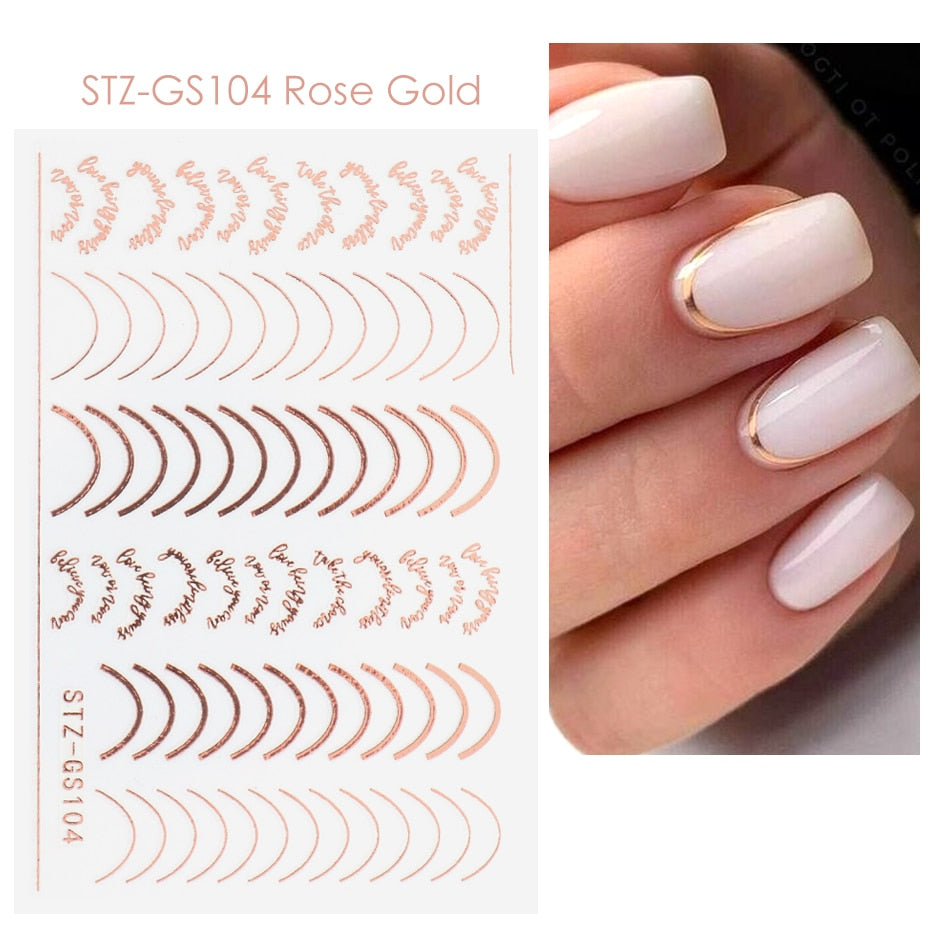 3D Simple Lines Nail Stickers Rose Gold Metal Stripe Letters Decals Curve Gel Nails Art Sliders Polish