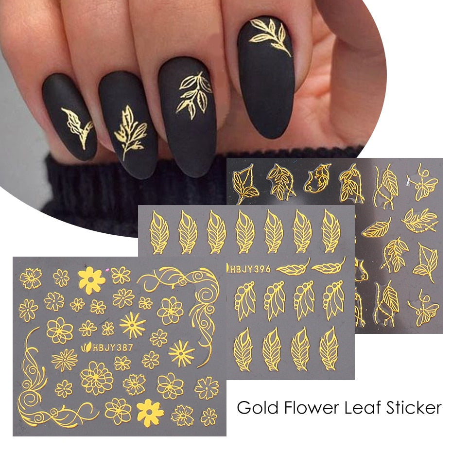 12pcs Nail Stickers Gold Flower Leaf Lace Design Geometry Line Nail Art Sliders Manicure Polish Decal Wrap