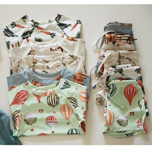 deer jonmi Summer Baby Boys Cartoon Printed Swimwear Sets Long Sleeve Tops Shorts 2pcs Sun-proof Beach Children Elastic Swimsuit