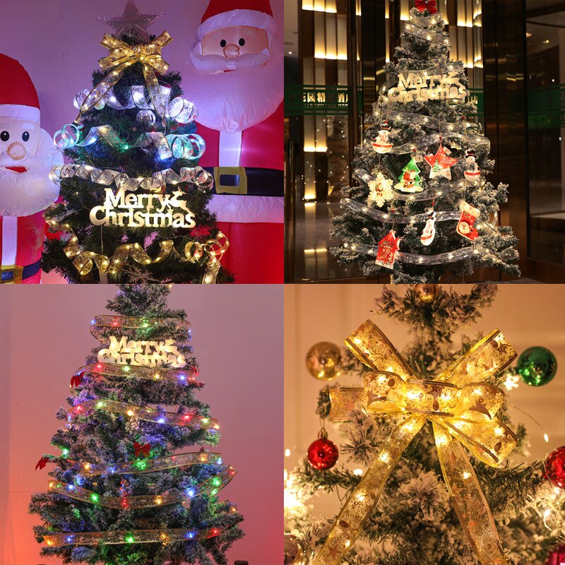 2023 New Year Christmas Decoration LED Ribbon Lights Christmas Tree Ornaments Home Decors DIY Lace Bows String Lights