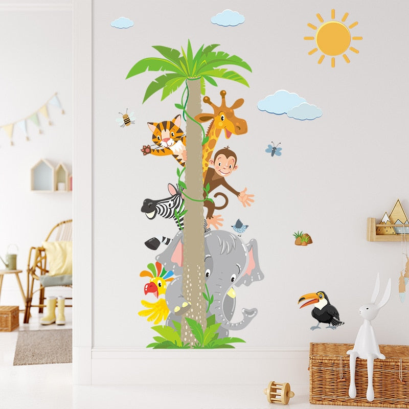 Animals Coconut Tree Wall Sticker Kids Room Home Decoration Mural  Removable Cartoon Stickers