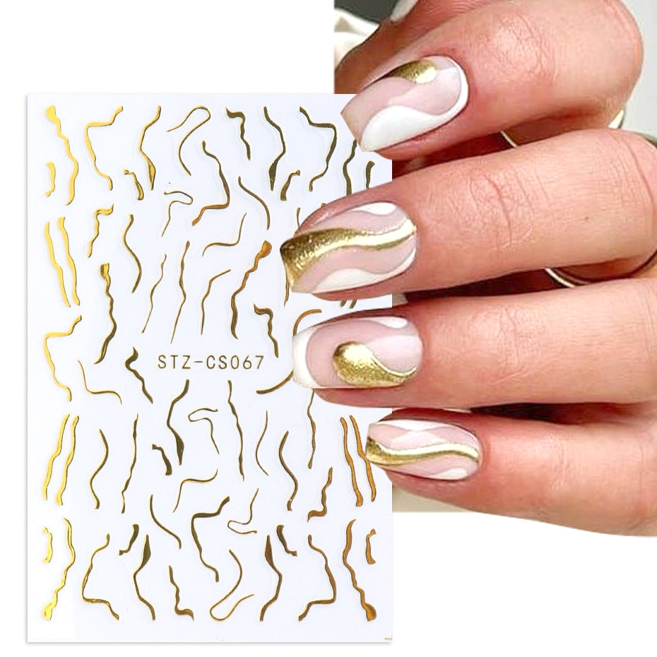 3D Simple Lines Nail Stickers Rose Gold Metal Stripe Letters Decals Curve Gel Nails Art Sliders Polish