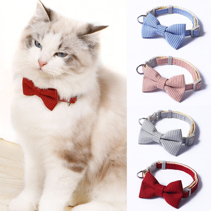 Christmas Plaid Bowknot Cat Collar Bow Tie Safety Buckle Pet Collar Puppy Chihuahua Pet Necklace Elastic Adjustable Dog Collars