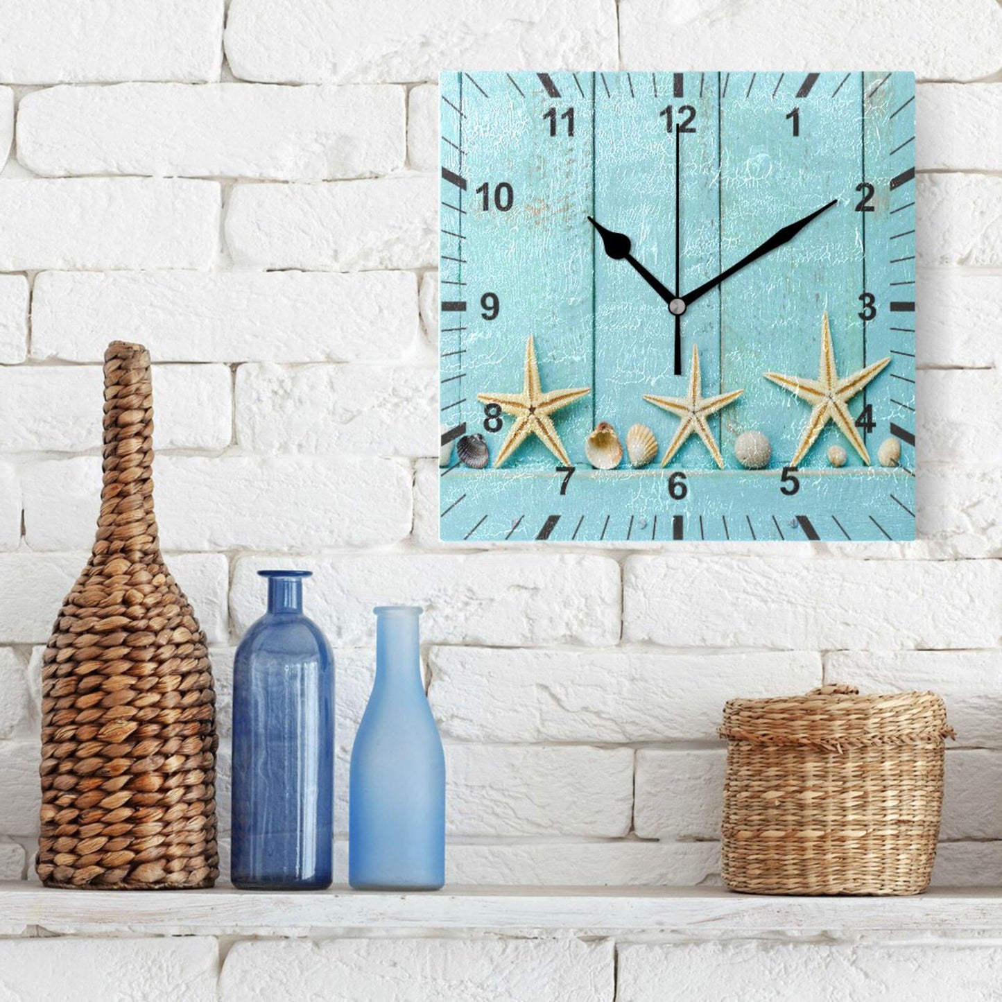 Beach Starfish Shell Print Silent Wall Clock Square Hanging