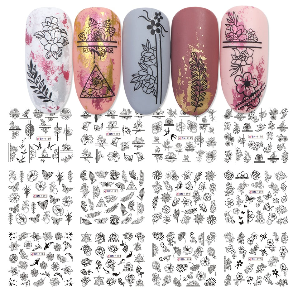 12pcs Nail Stickers Gold Flower Leaf Lace Design Geometry Line Nail Art Sliders Manicure Polish Decal Wrap