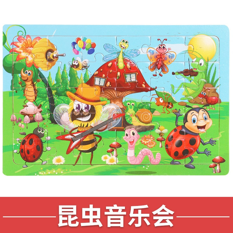 Wooden 30pcs Puzzles Children Animal Dinosaur Cartoon Plane Puzzle Baby Early Education