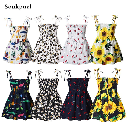 1-7 Years Baby Girls Dress Summer Children Elegant Sling Dress Flower Print Kids Braces Dresses Girl Cotton Clothing