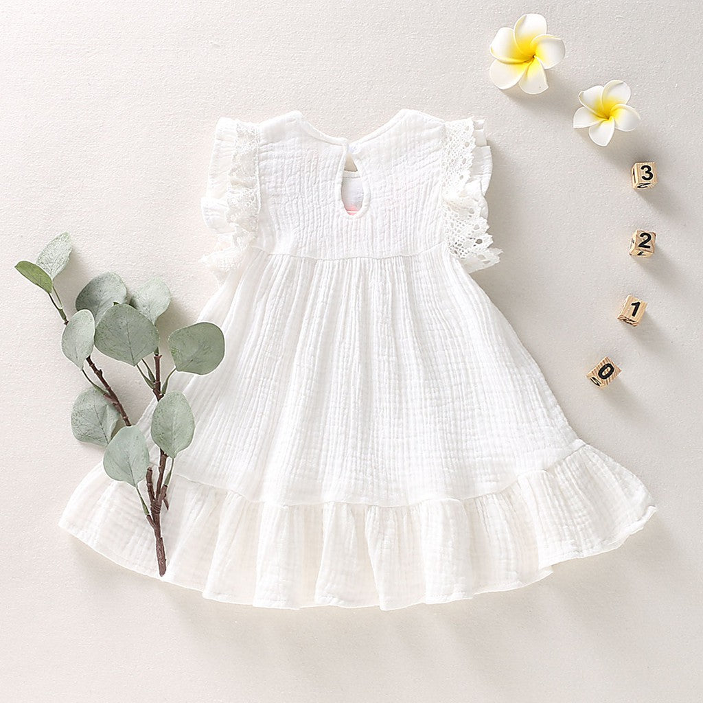 Infant Baby Girls Cotton Linen Dresses Pleated Short Sleeve Delicate Embroidery Swing White Dress