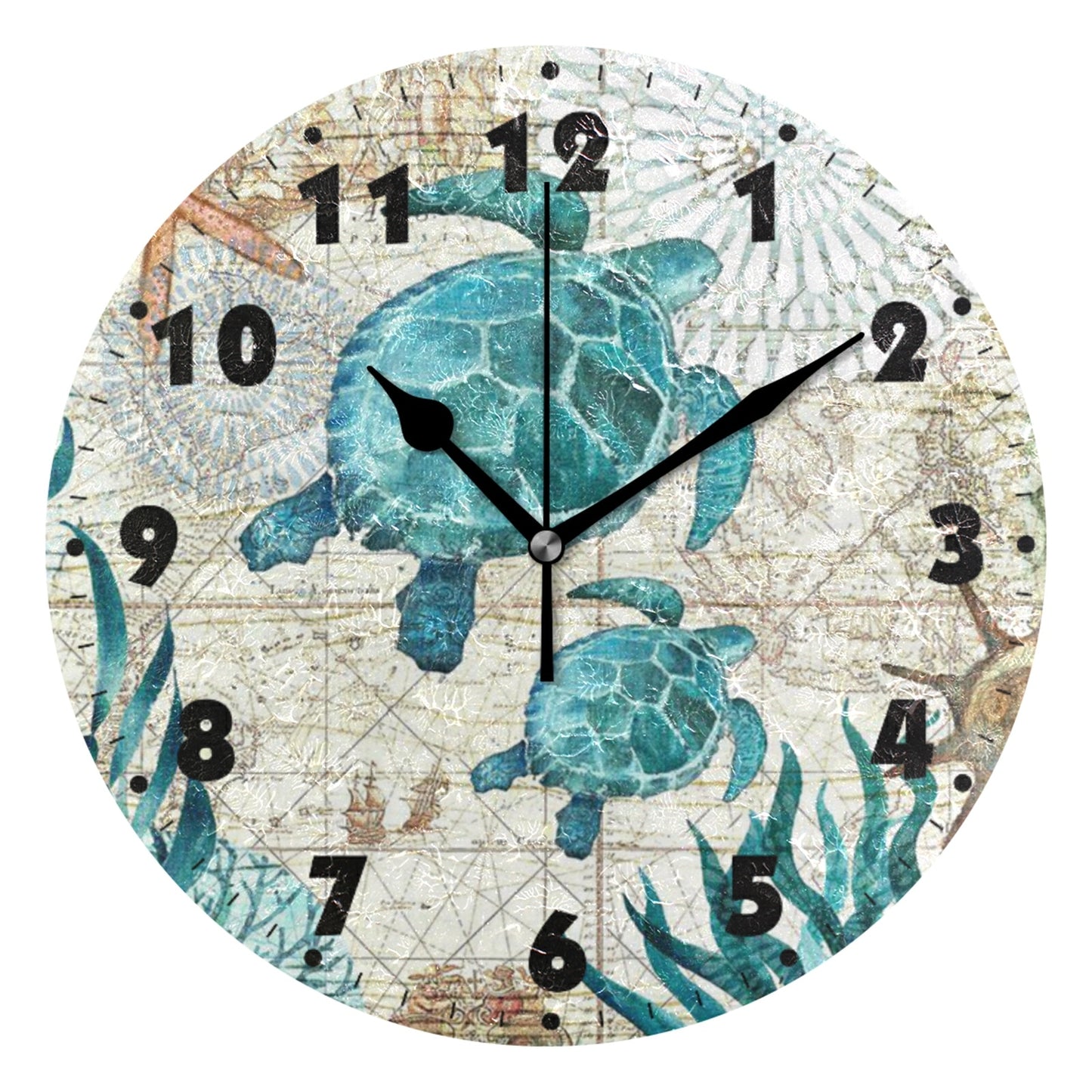 Vintage Sea Turtle World Map Round Wall Clock Silent Non Ticking