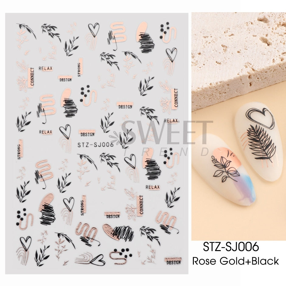 3D Simple Lines Nail Stickers Rose Gold Metal Stripe Letters Decals Curve Gel Nails Art Sliders Polish