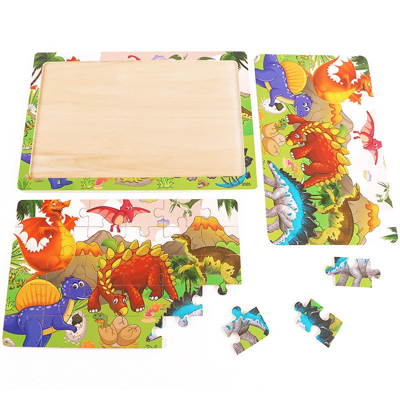 Wooden 30pcs Puzzles Children Animal Dinosaur Cartoon Plane Puzzle Baby Early Education