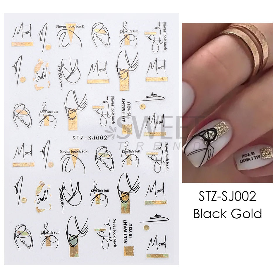 3D Simple Lines Nail Stickers Rose Gold Metal Stripe Letters Decals Curve Gel Nails Art Sliders Polish