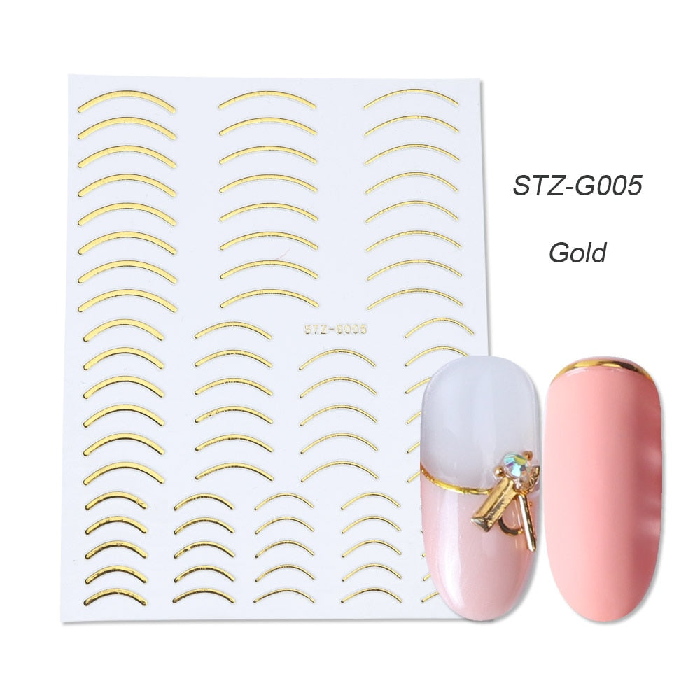 3D Simple Lines Nail Stickers Rose Gold Metal Stripe Letters Decals Curve Gel Nails Art Sliders Polish