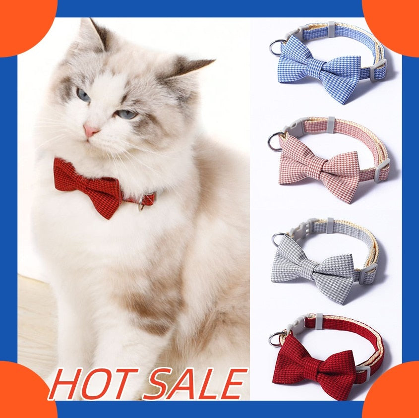 Christmas Plaid Bowknot Cat Collar Bow Tie Safety Buckle Pet Collar Puppy Chihuahua Pet Necklace Elastic Adjustable Dog Collars