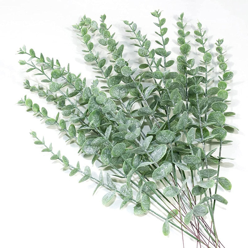 6/12/18 Pcs Artificial Eucalyptus Leaves Green Fake Plant Branches for Outdoor Home Garden Table