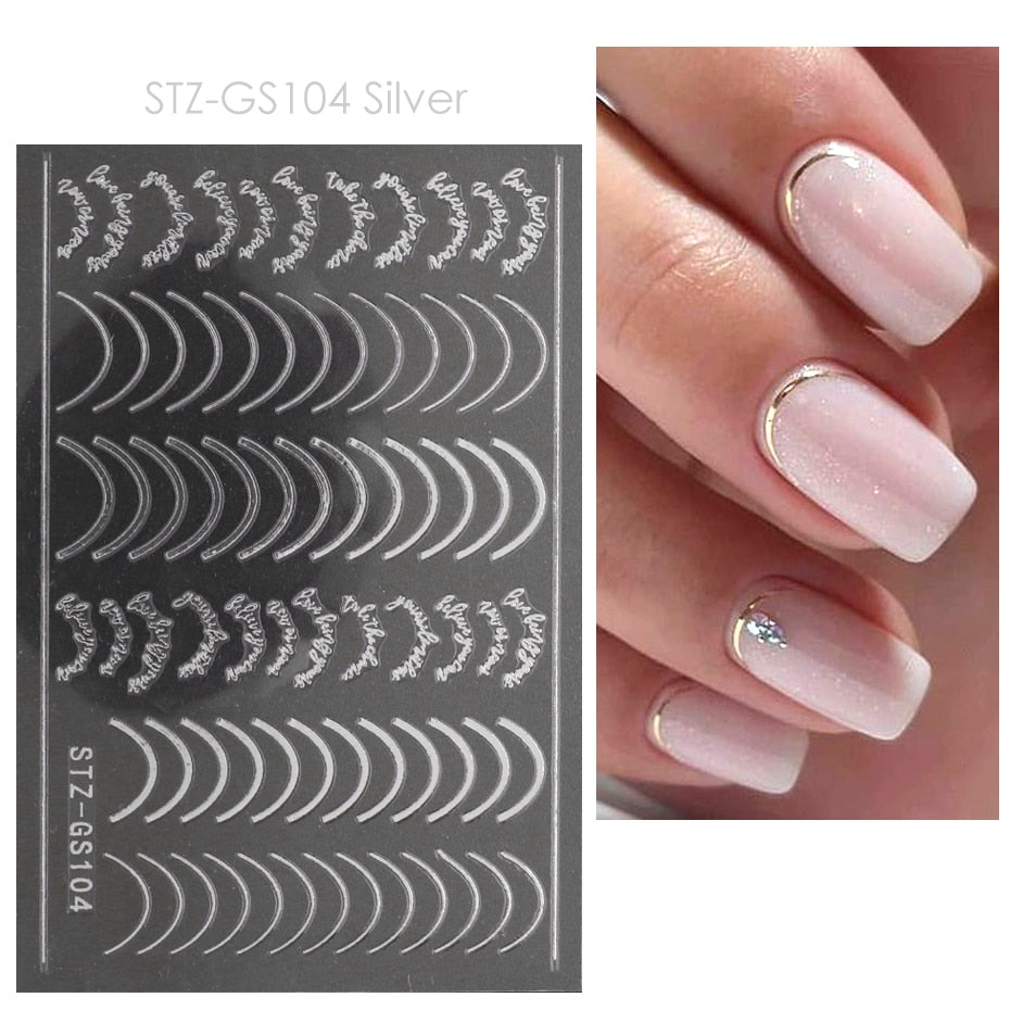 3D Simple Lines Nail Stickers Rose Gold Metal Stripe Letters Decals Curve Gel Nails Art Sliders Polish