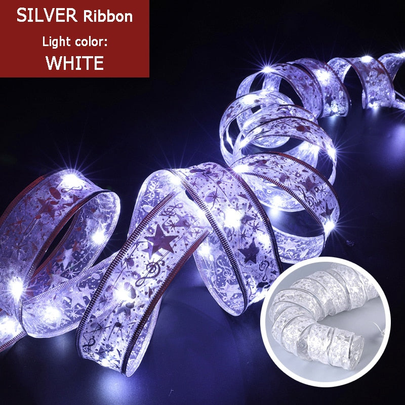 2023 New Year Christmas Decoration LED Ribbon Lights Christmas Tree Ornaments Home Decors DIY Lace Bows String Lights