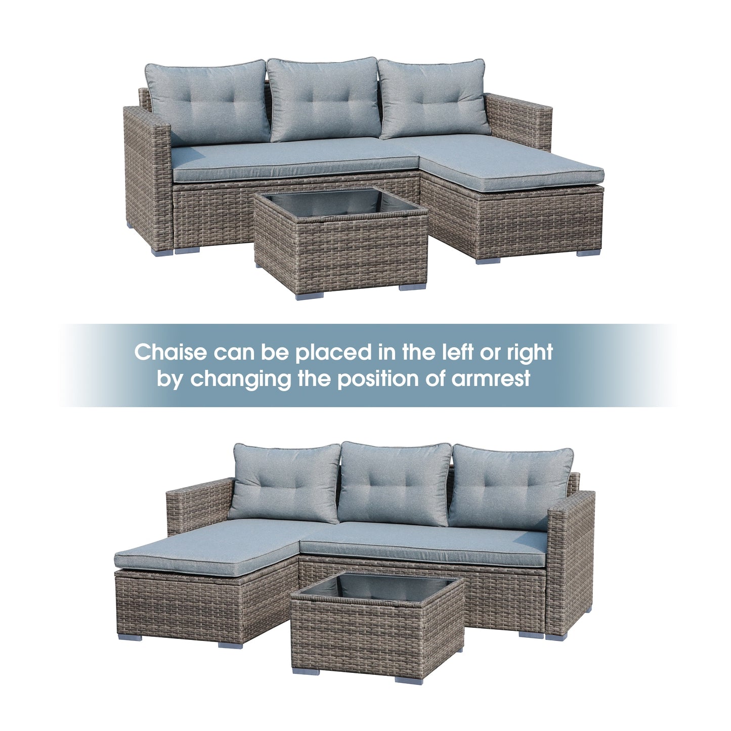 JARDINA 3PCS Outdoor Patio Furniture Sofa Set All-Weather Wicker Rattan with Cushions Tempered Glass Coffee Table